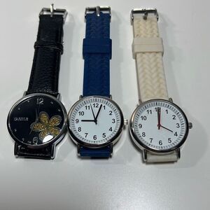 3 Piece Assorted Womens Analog Wrist Watch Blue White Black Size 9”